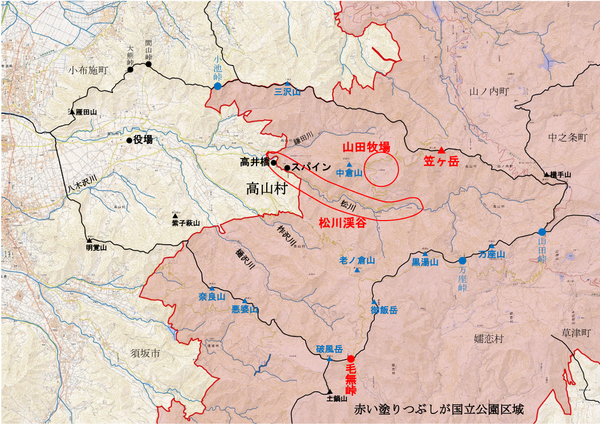 高山村の興味地点の位置図