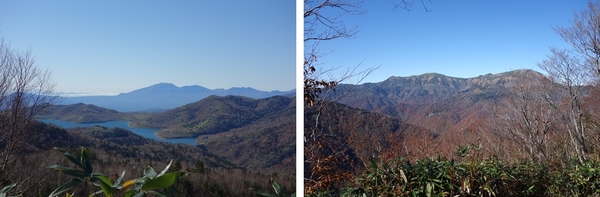 左の写真：野反湖と浅間山を望む。右の写真：志賀高原の岩菅山を望む。